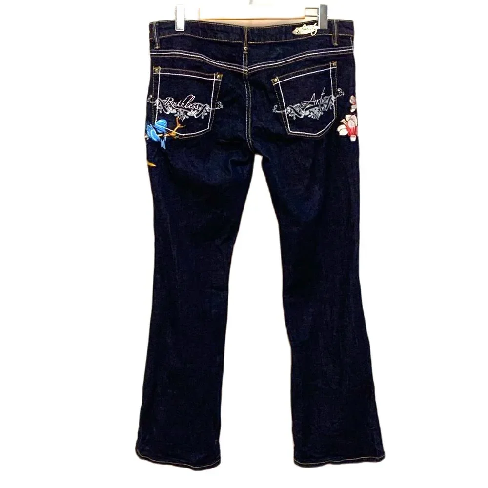 Ruthless Art NWOT Dark Blue Denim Low-Rise Embroidered Bootcut Jeans Sz 13/31